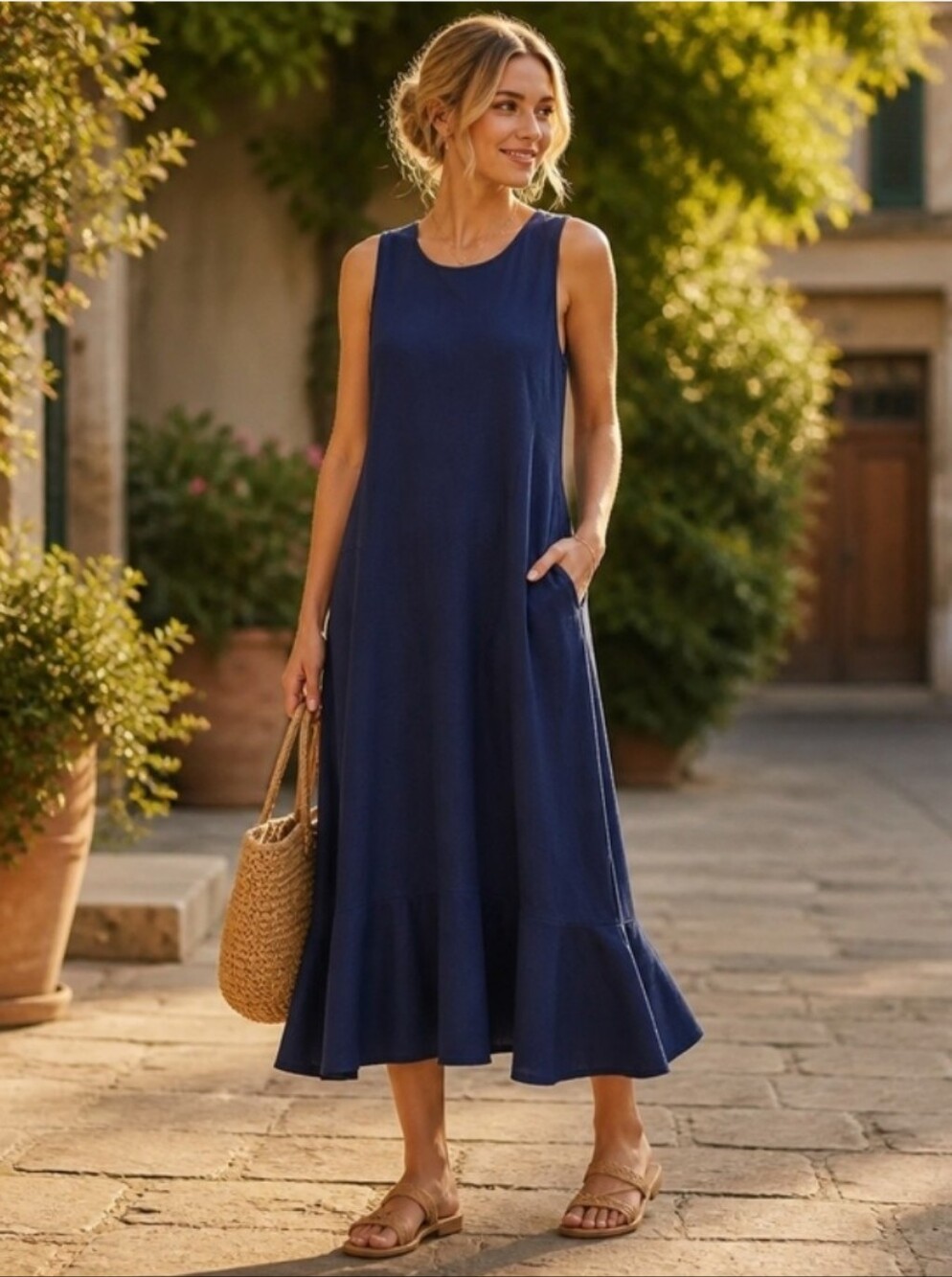 Banana Republic Navy Sleeveless Ruffle-Hem Maxi Dress with Pockets